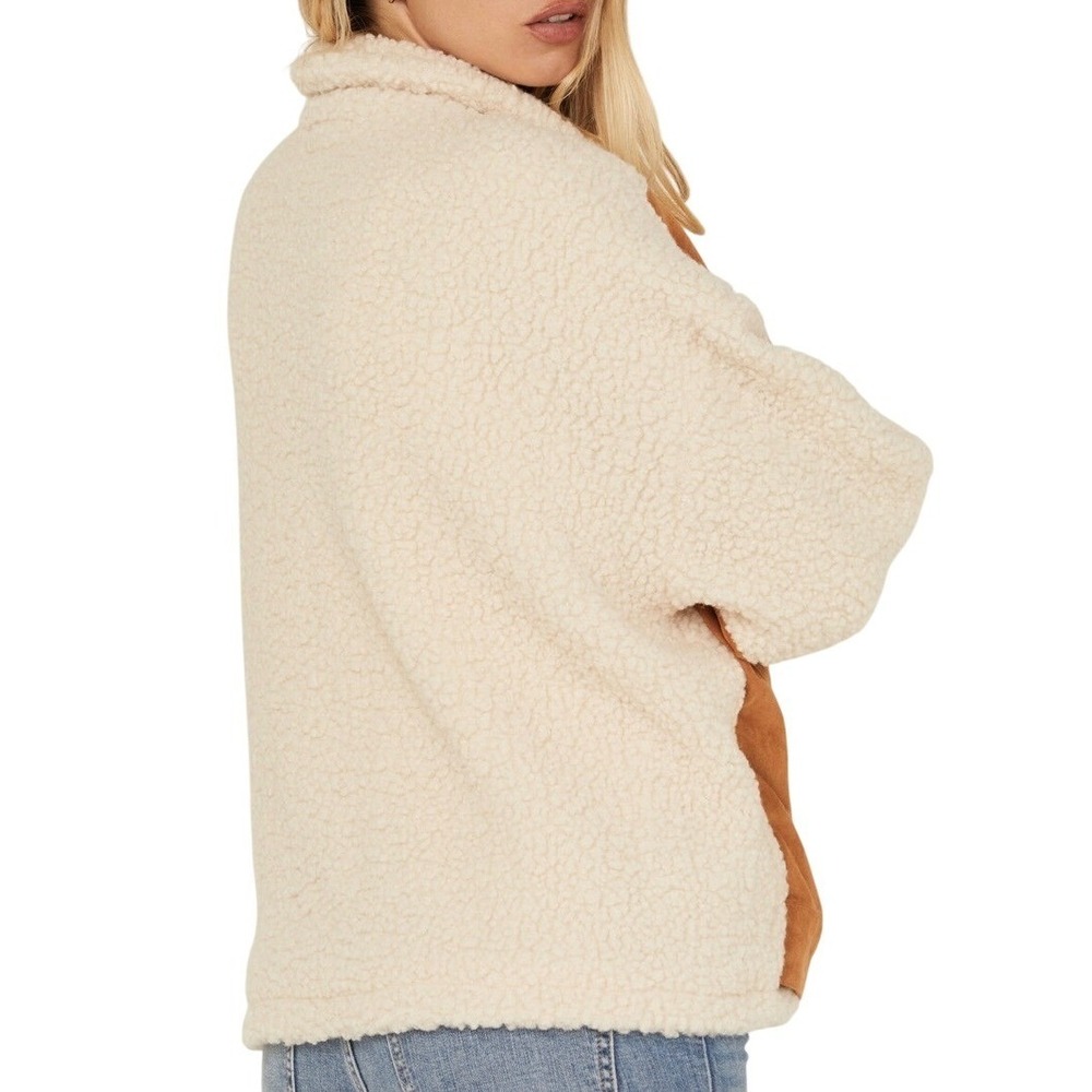 BLANKNYC Faux Suede Sherpa Jacket Womens Large Brown Cream‎ Mixed Media Zip NWT - Picture 3 of 16